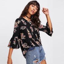 Shein Ladder Laser Cut Insert Trumpet Sleeve Floral Top