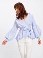 Shein Bishop Sleeve Surplice Wrap Pinstripe Top