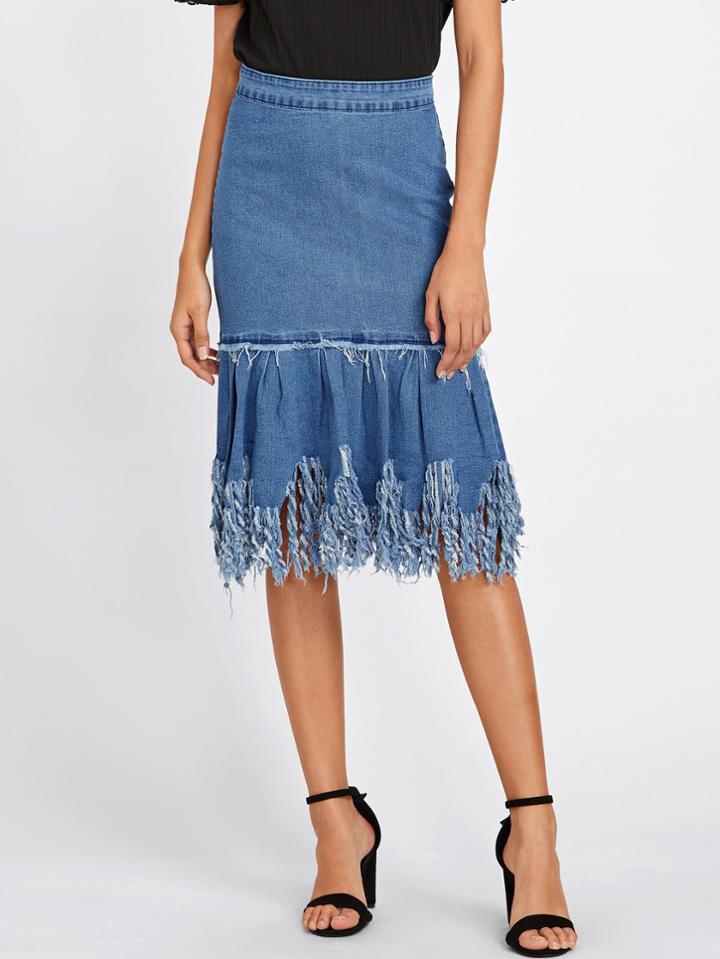 Shein Distressed Fringe Hem Denim Skirt