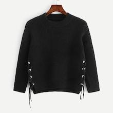 Shein Eyelet Lace Up Side Dip Hem Jumper