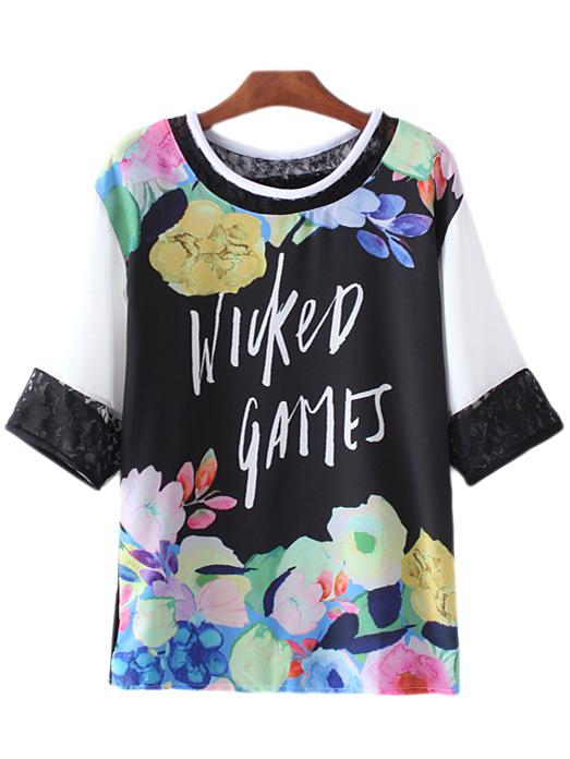 Shein Multicolor Letter Flower Print Chiffon Blouse