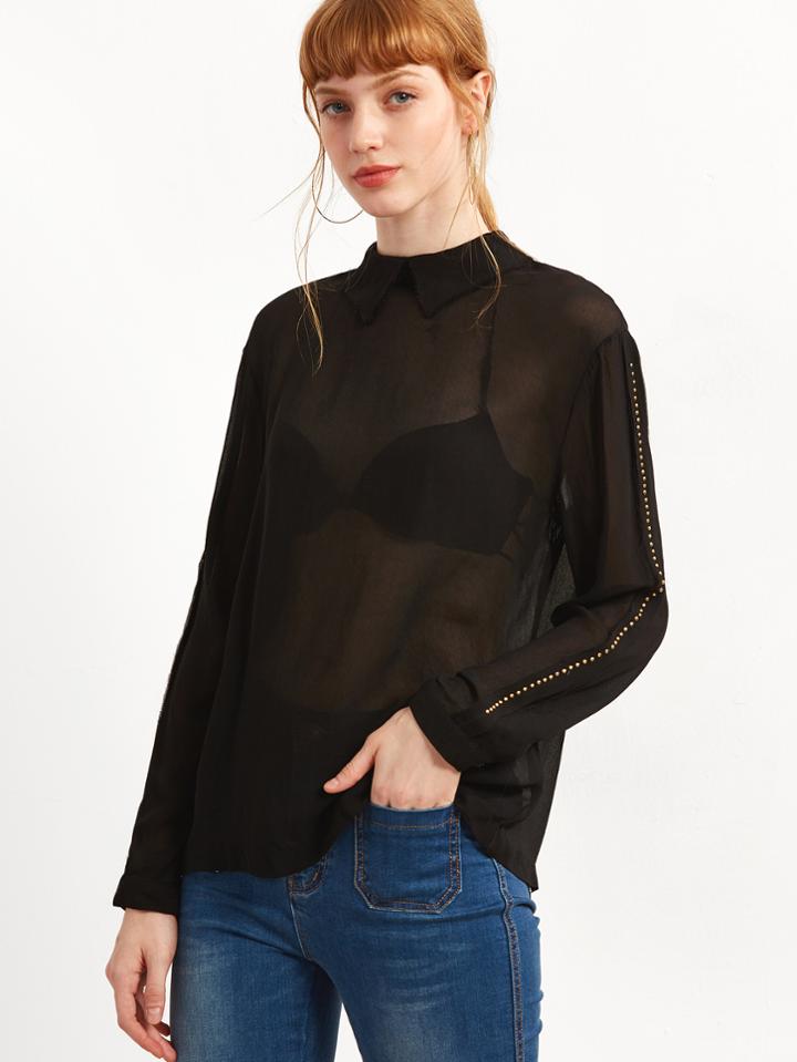 Shein Black Doll Collar Sheer Mesh Blouse