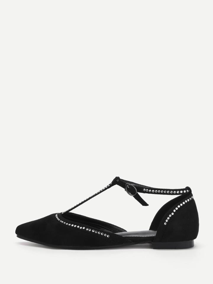 Shein Studded Detail Pointed Toe T-strap Flats
