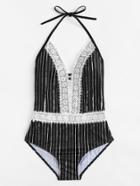 Shein Crochet Lace Striped Swimsuit