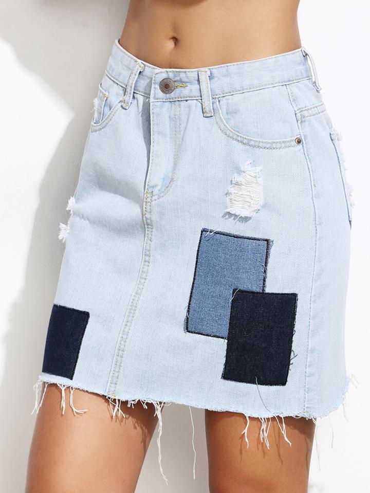 Shein Color Block Raw Hem Patch Denim Skirt