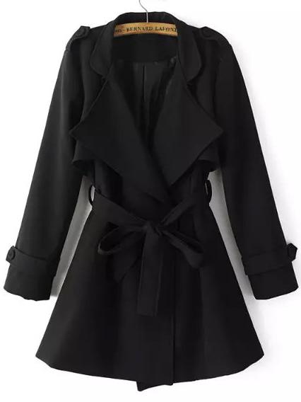 Shein Black Lapel Epaulet Tie-waist Trench Coat
