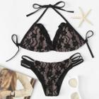 Shein Floral Lace Overlay Frilled Bikini Set