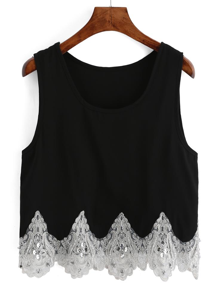 Shein Black Embroidered Sequined Tank Top