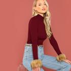 Shein Faux Fur Cuff Rib Knit Fitted Tee
