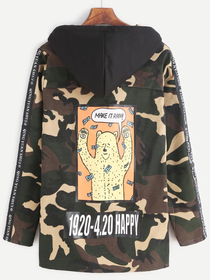 Shein Cartoon Print Back Patch Drawstring Hooded Camouflage Coat