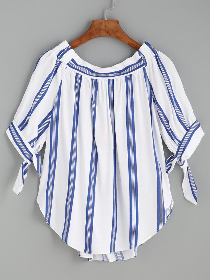 Shein Blue Vertical Striped Tie Sleeve Curved Hem Blouse