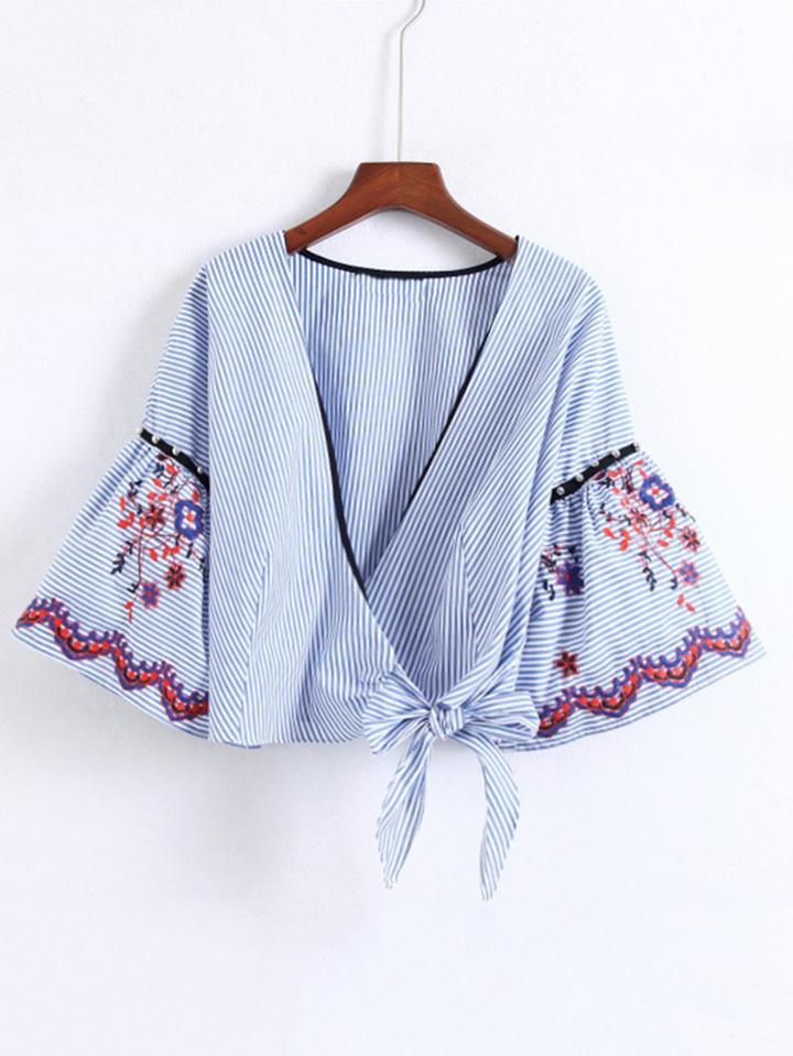Shein Striped Print Bell Sleeve Surplice Blouse
