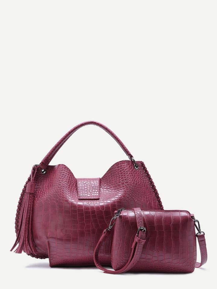 Shein Red Croc Embossed Pu Tassel Tote Bag With Crossbody