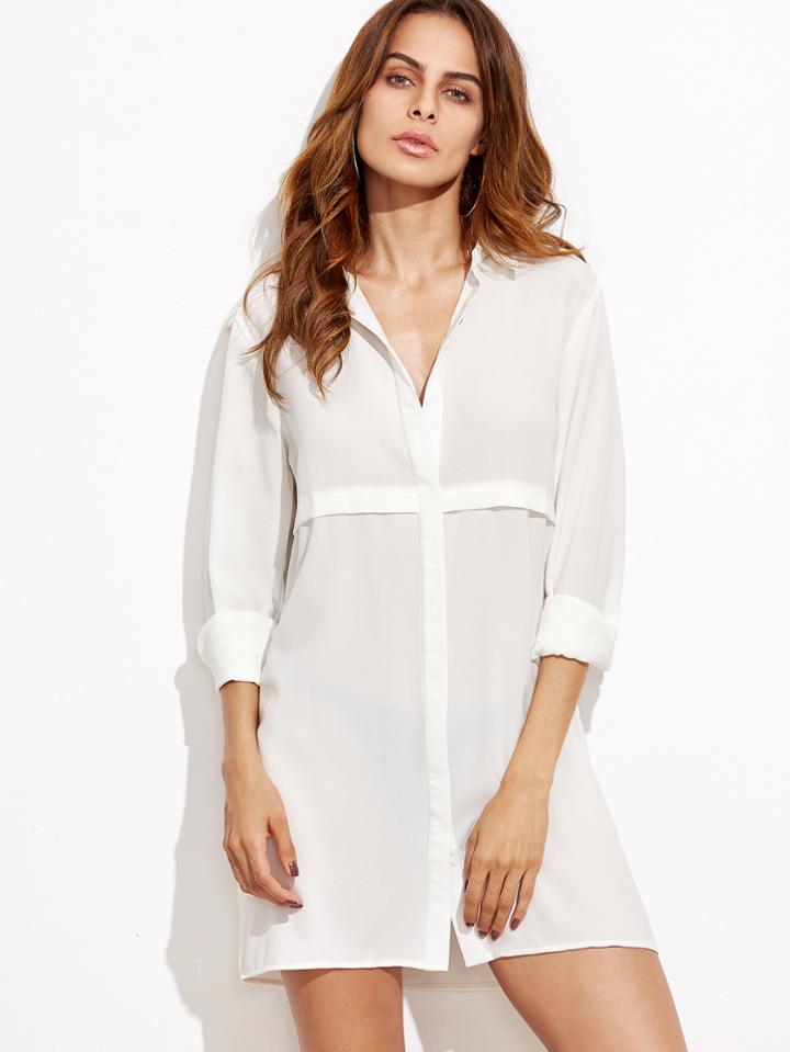 Shein White Button Front Long Sleeve Shirt Dress