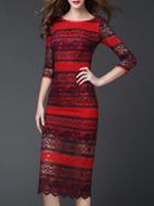 Shein Red Color Block Backless Hollow Lace Dress