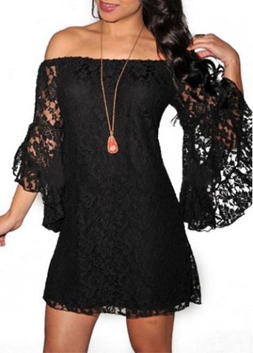 Rosewe Vogue Flare Sleeve Boat Neck Black Lace Dress