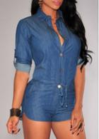 Rosewe Button Closure Short Sleeve Turndown Collar Romper