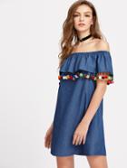 Shein Pom Pom Trim Flounce Bardot Neck Chambray Dress