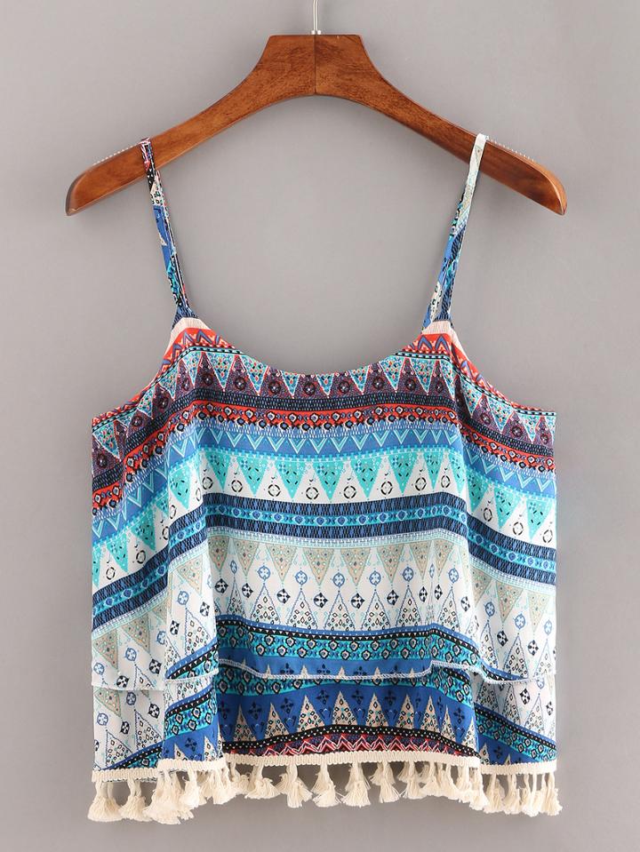 Shein Tassel Trimmed Tribal Print Cami Top - Blue
