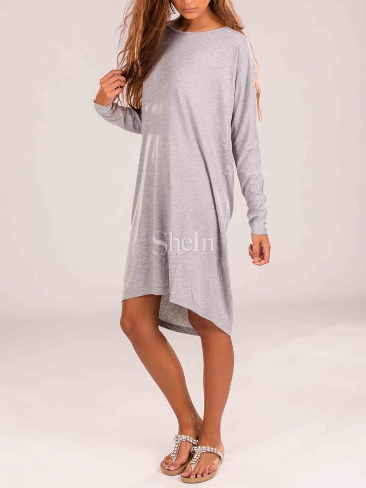 Shein Grey Round Neck Dip Hem T-shirt Dress