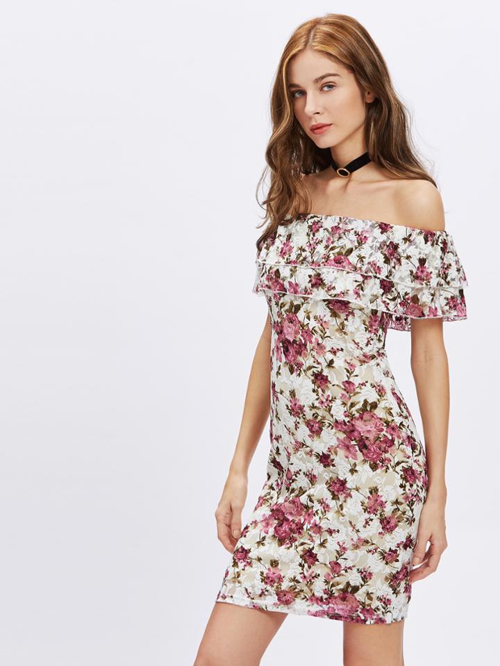 Shein Off-the-shoulder Floral Sheath Dress