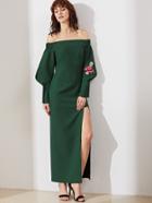 Shein Green Off The Shoulder Embroidered Rose Applique High Slit Tailored Dress