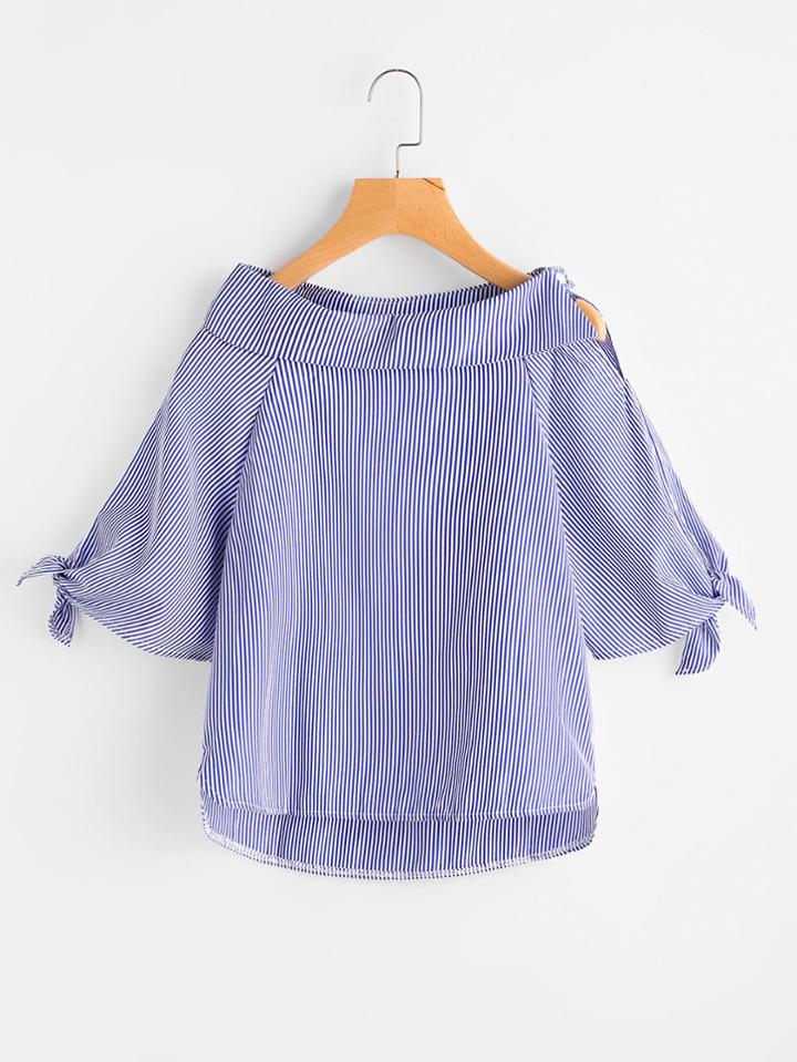 Shein Vertical Striped Tie Cuff Dip Hem Blouse