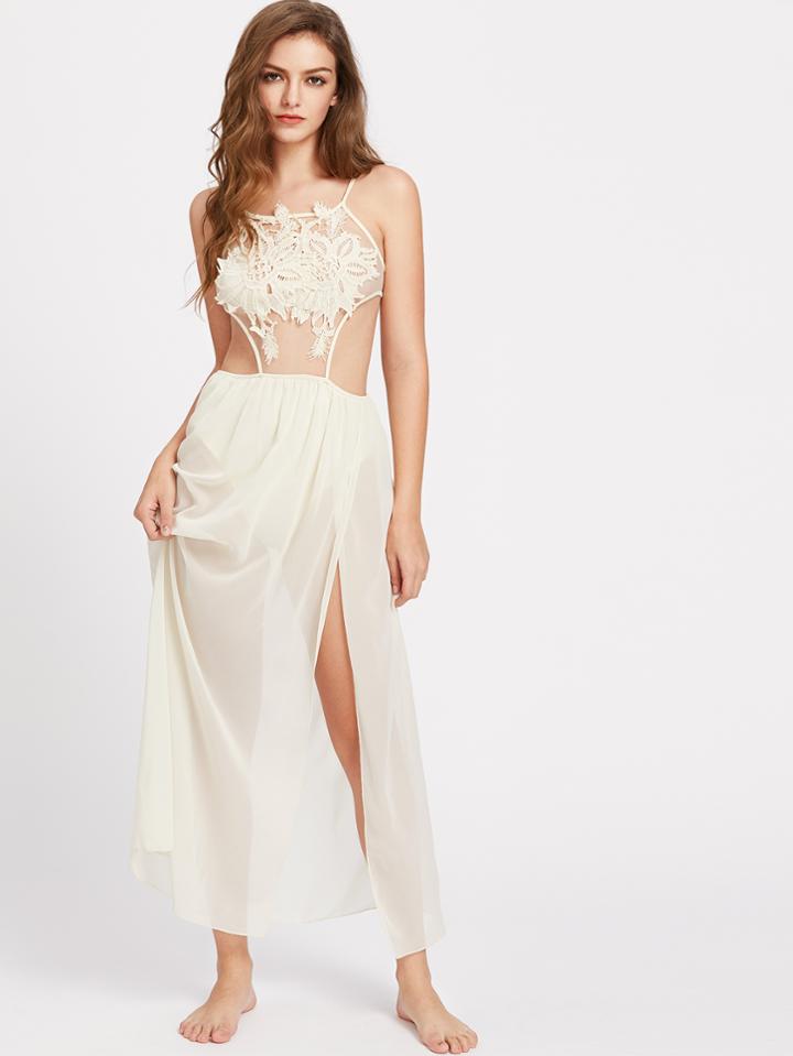 Shein Mesh Panel Appliques Split Chiffon Overlay Dress