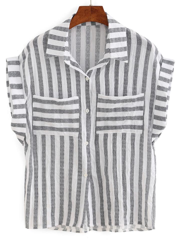 Shein Striped Dual Pocket Short Sleeve Blouse