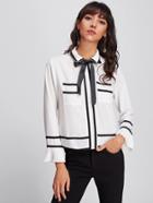 Shein Contrast Trim Ruffle Cuff Bow Tie Neck Shirt