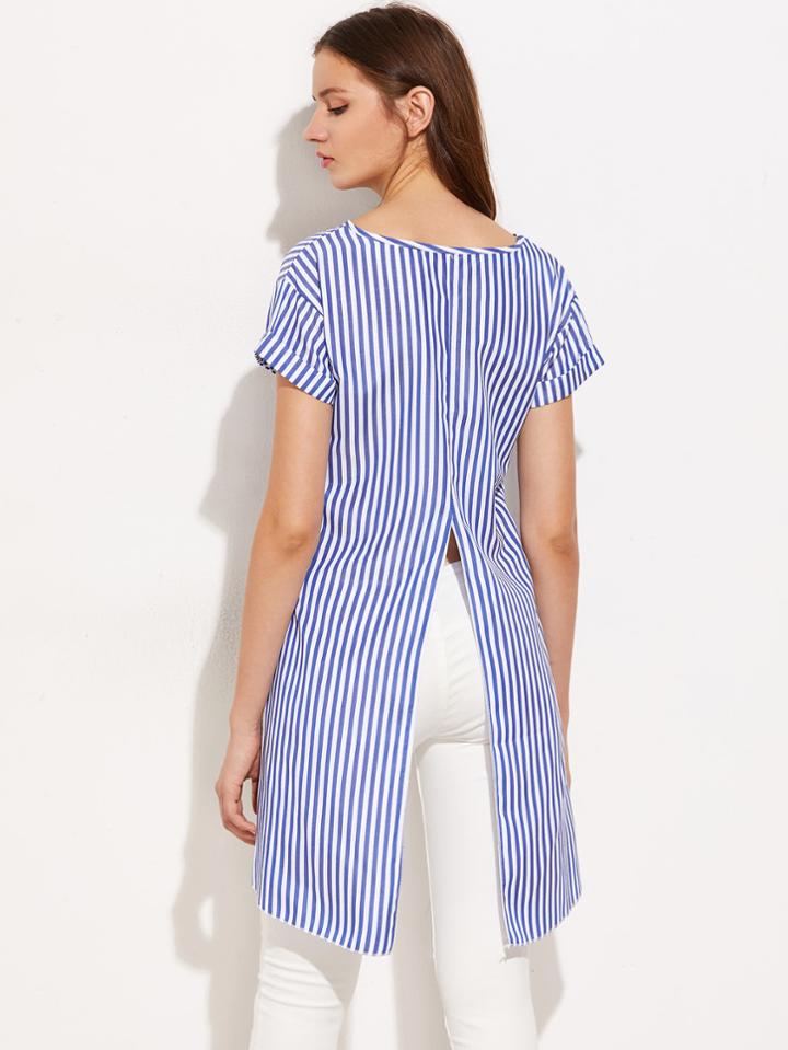 Shein Contrast Striped Slit Back Dip Hem Cuffed Blouse