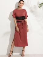 Shein Red Belted Contrast Mesh Insert Shift Dress