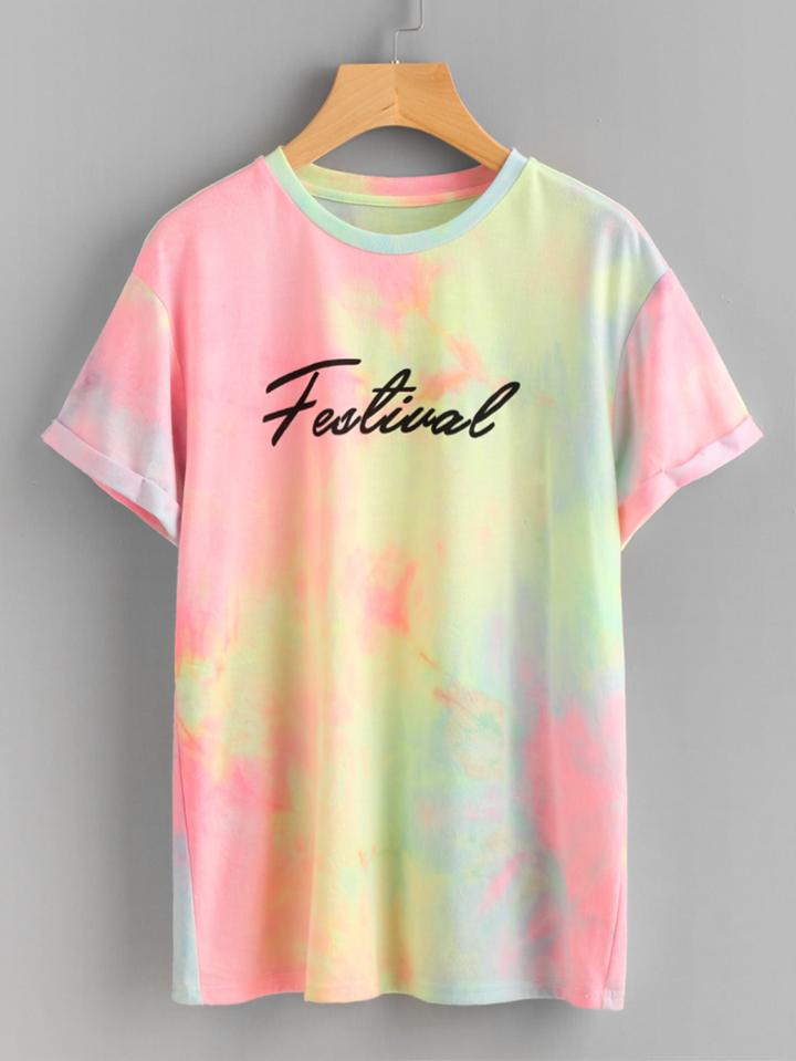 Shein Pastel Tie Dye Cuffed Sleeve Tee