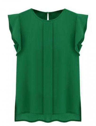 Shein Green Puff Sleeve Split Chiffon Blouse
