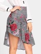 Shein Asymmetric Flounce Hem Floral & Plaid Skirt