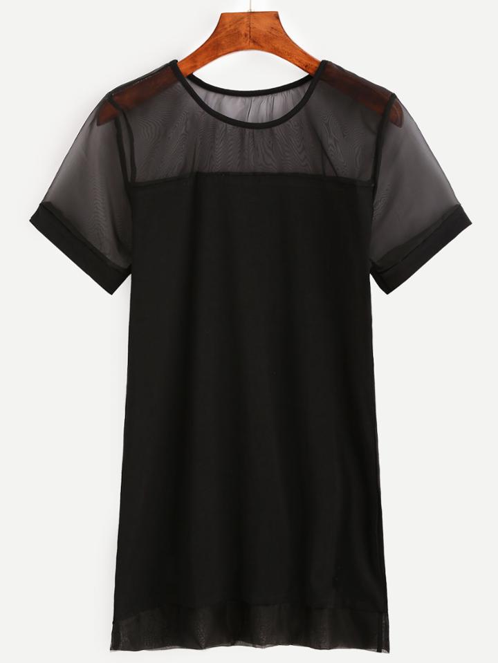 Shein Black Sheer Mesh Panel T-shirt