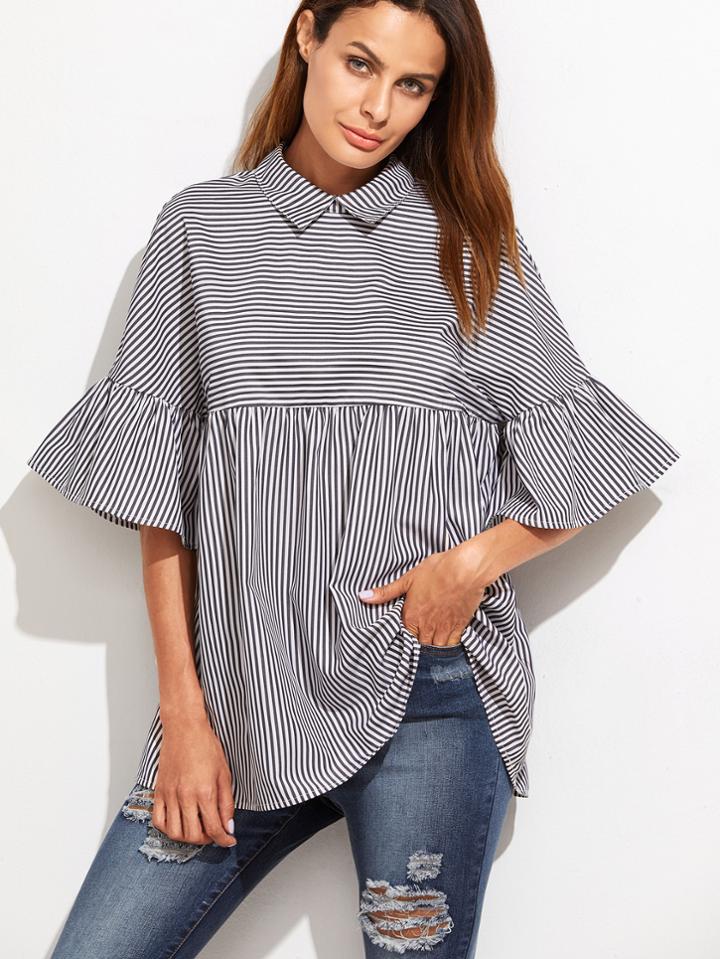 Shein Black And White Striped Ruffle Sleeve Babydoll Top