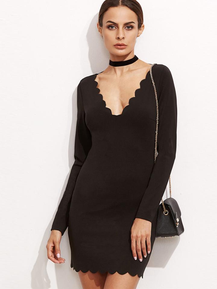 Shein Black Scallop Trim Double V Neck Bodycon Dress