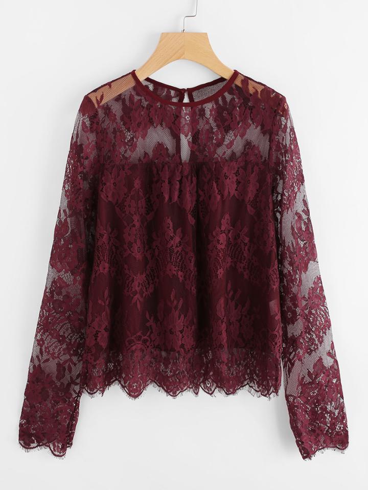 Shein Scallop Trim Floral Eyelash Lace Top