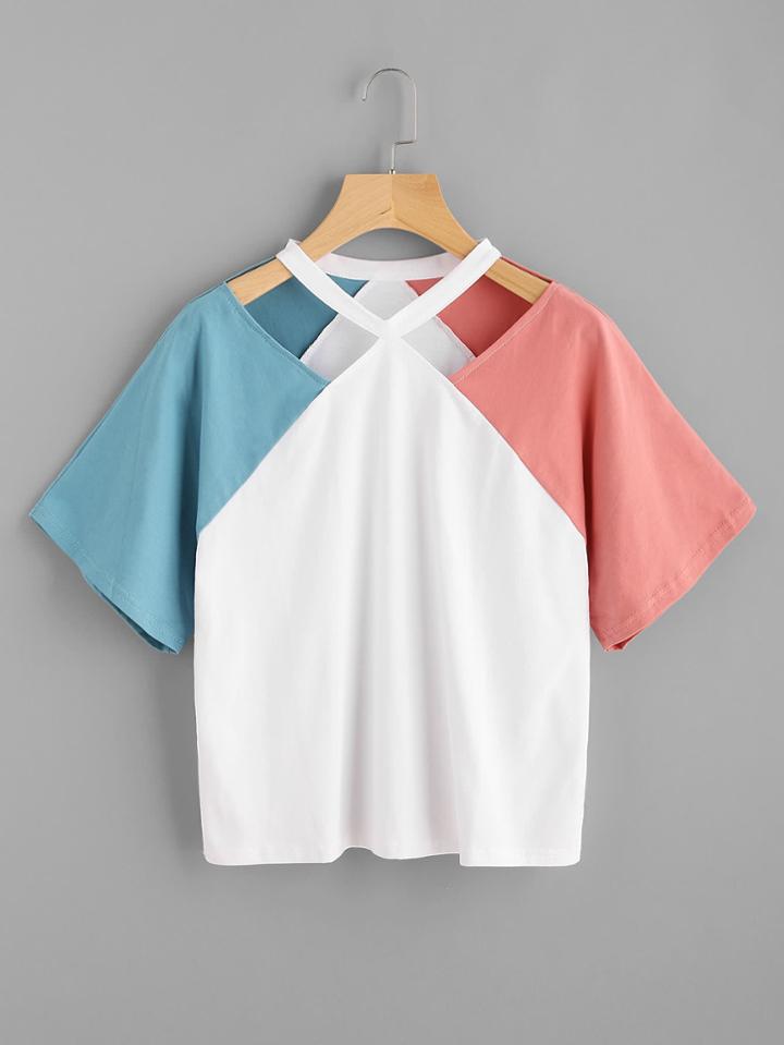 Shein Contrast Raglan Sleeve Cut Out Neck Tee
