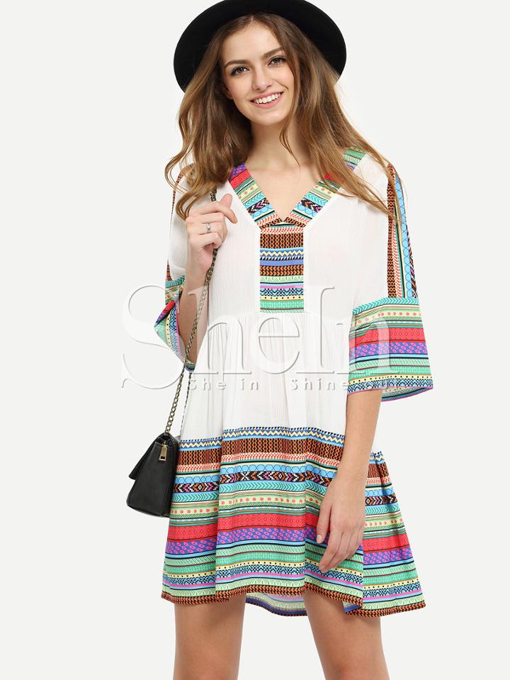 Shein Multicolor Print V Neck Hollow Back Shift Dress