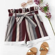 Shein Frill Trim Striped Shorts With Belt