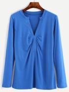 Shein Blue Shirred V Neck Long Sleeve T-shirt