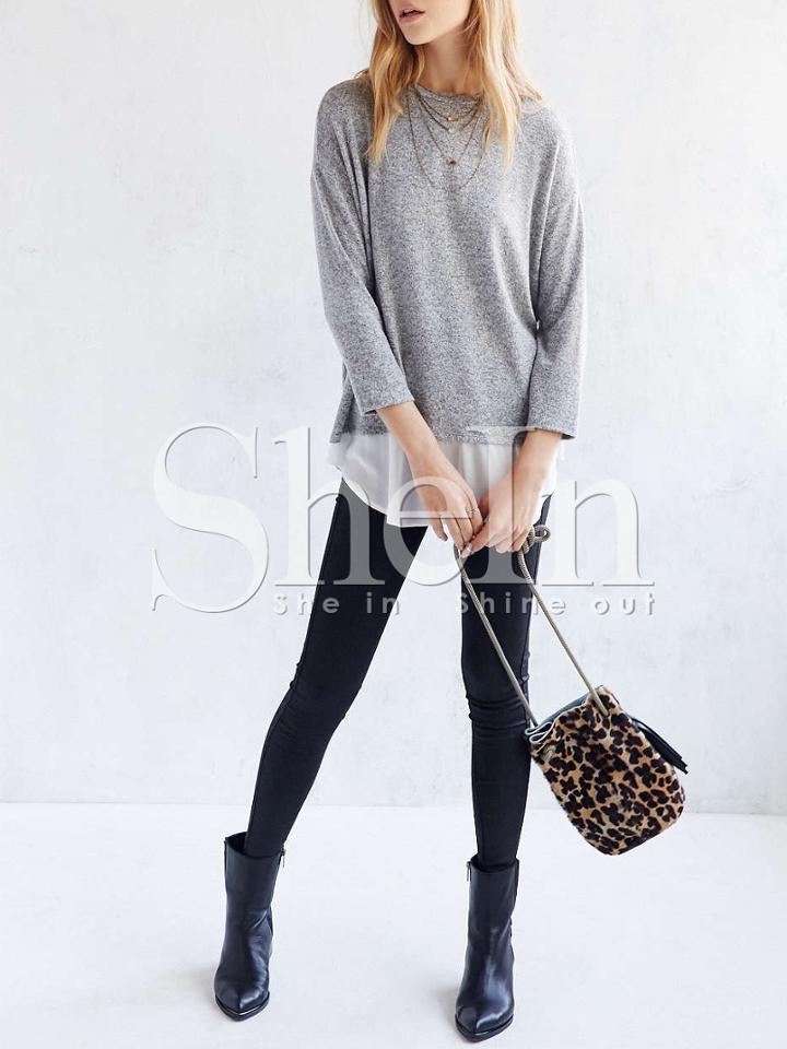 Shein Grey Contrast Trim Dolphin Hem Blouse