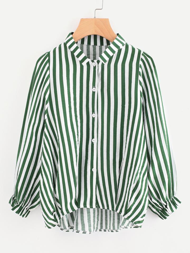 Shein Contrast Stripe Balloon Sleeve Dip Hem Shirt