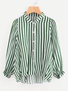 Shein Contrast Stripe Balloon Sleeve Dip Hem Shirt