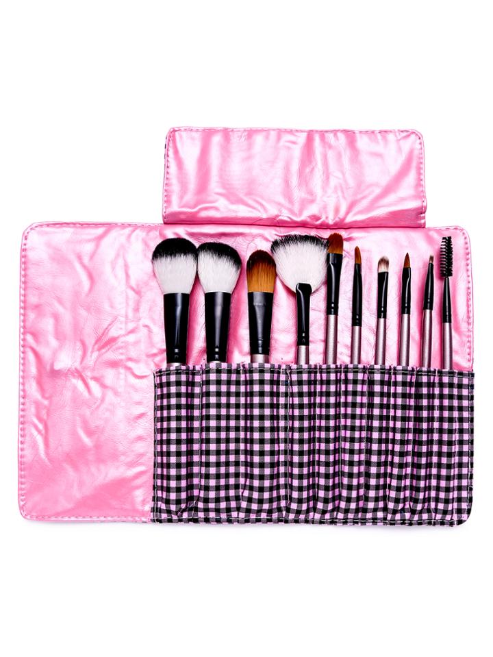 Shein 10pcs Deep Pink Professional Makeup Brush Set With Gingham Bag