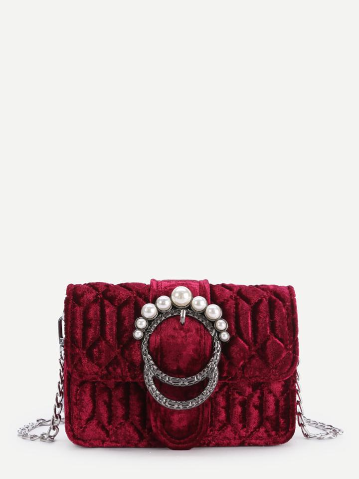 Shein Faux Pearl Buckle Design Velvet Chain Bag