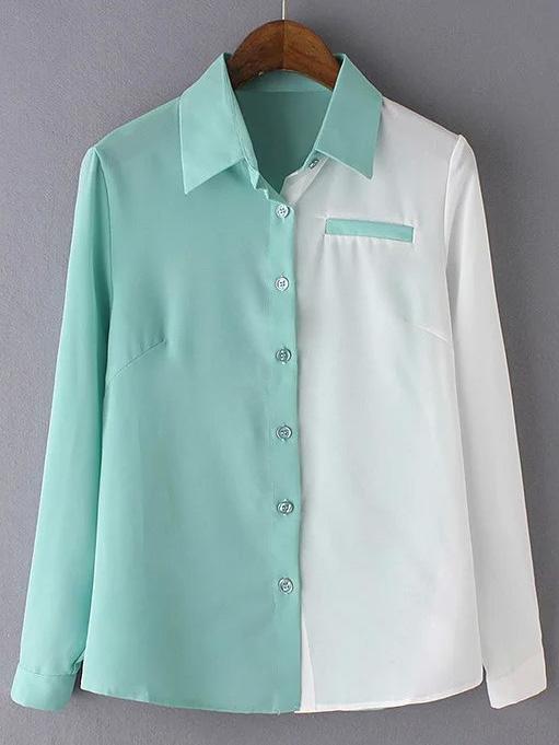 Shein Color Block Buttons Front Long Sleeve Blouse