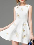 Shein White Sleeveless Dragonfly Embroidered A-line Dress